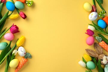 Happy Easter concept. Flat lay composition with colorful tulips and Easter eggs, bunny, carrots on yellow background. Easter frame, greeting card template