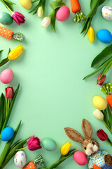 Happy Easter concept. Flat lay composition with tulips, colorful Easter eggs, carrots, bunny on green background. Easter frame, vertical banner design