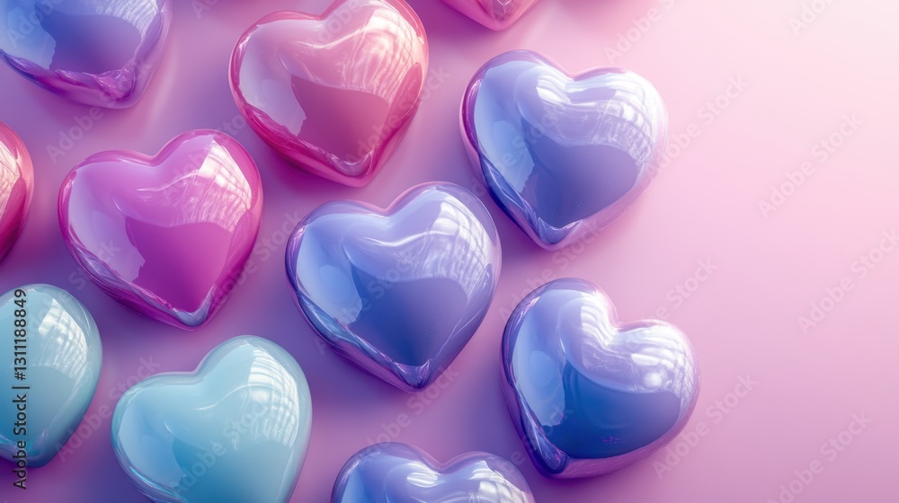 Poster a colorful array of glossy hearts in various shades on a soft pink background