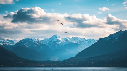 Snow capped mountains and birds fly beneath a cloudy sky