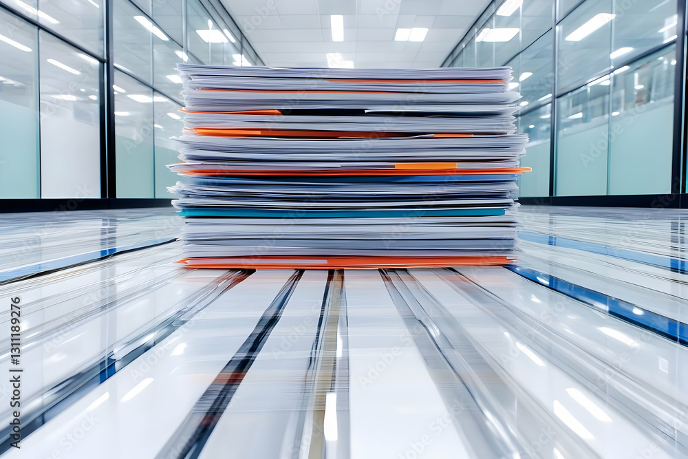 Poster high angle view of stacked documents on conveyor system in modern