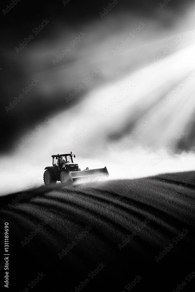 Poster sunlight pierces through a dusty haze as a tractor plows the fertile fields, creating a captivating 