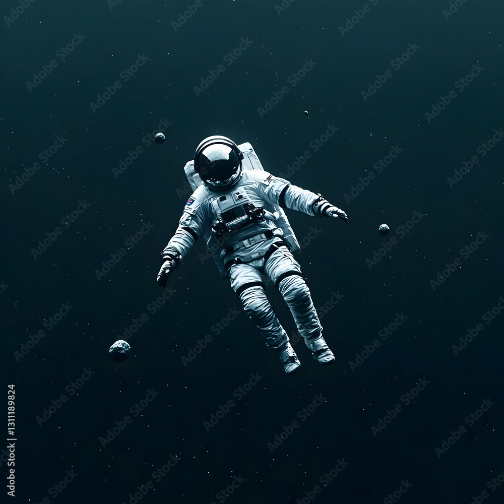Poster pixel art astronaut floating in dark space 3d render