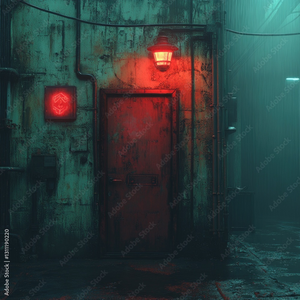 Poster a single red door with a light on in a dark room, suitable for use as a background or to represent e