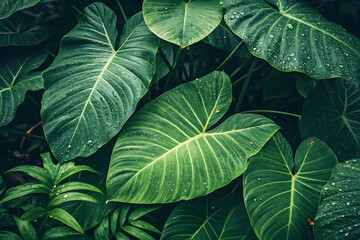 Fototapeta premium Close-Up of Tropical Rainforest Leaves with Dew Drops – Fresh Green Jungle Foliage for a Natural and Organic Aesthetic