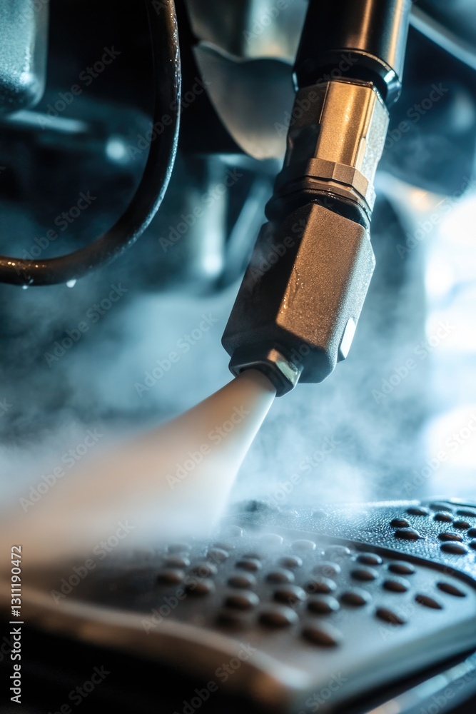 Poster close-up view of a device emitting steam, suitable for technology and science related themes