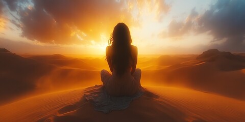 Meditative Reflection of a Person on a Desert Dune at Sunset