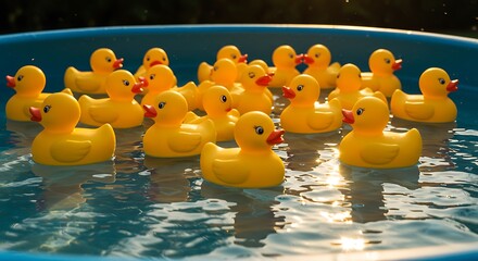 Playful Yellow Rubber Ducks Floating in a Pool with Glimmering Water