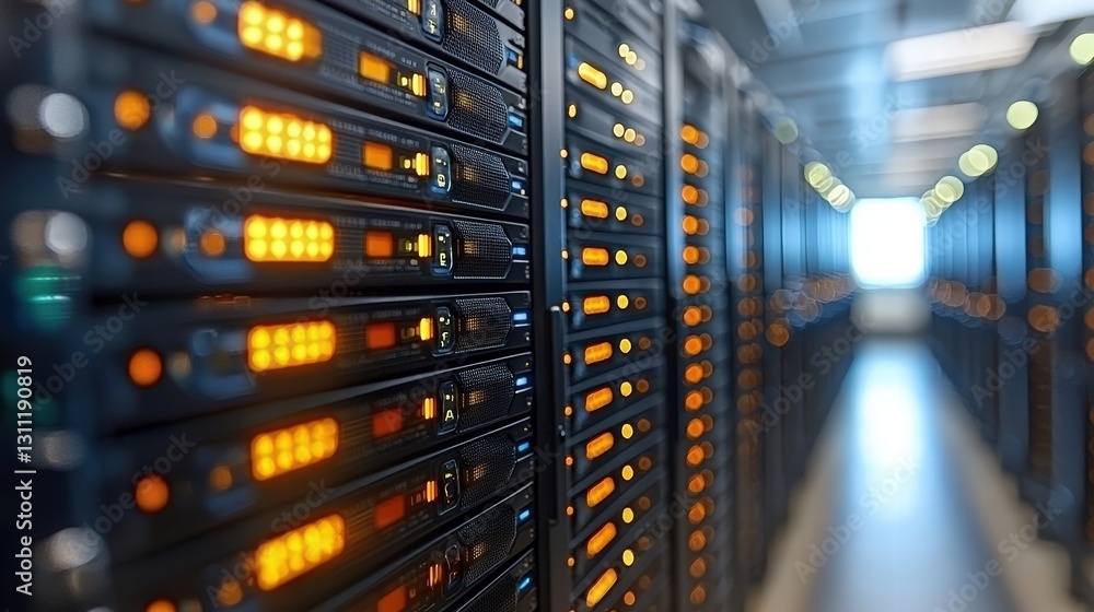 Poster well-organized server room featuring multiple racks and high-tech equipment for data management solu