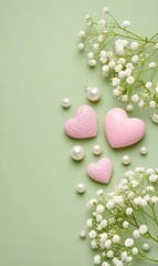 Soft green backdrop with pink hearts, pearls and baby's breath. Ideal for wallpapers, wedding content, greeting cards. 