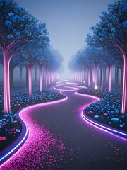 This image showcases a futuristic, dreamy pathway flanked by blue trees with pink neon - lit trunks. The road is lined with colorful flowers and scattered with pink petals.