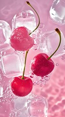 This image captures vibrant red cherries amidst ice cubes and bubbles on a pink backdrop, exuding a cool, refreshing vibe.