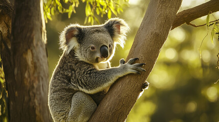 Obraz premium Koala perched on sunlit tree branch in serene forest setting