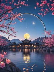 This picture depicts a mesmerizing scene of a traditional pavilion by the water, framed by a circular arch with blooming pink cherry blossoms. Above, a full moon and crescent adorn the night sky.