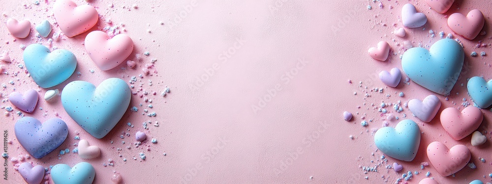 Poster a delightful array of colorful pastel hearts on a soft pink background for romantic occasions and ce
