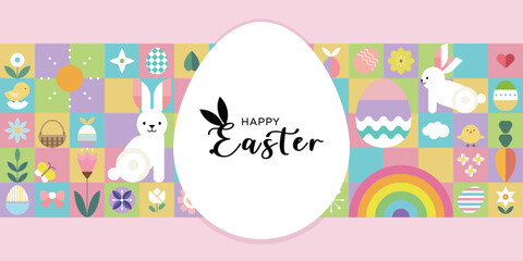 Happy Easter geometric background, Easter egg card, framed banner design. 
