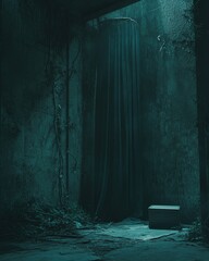 A dark room with a curtain and a bench