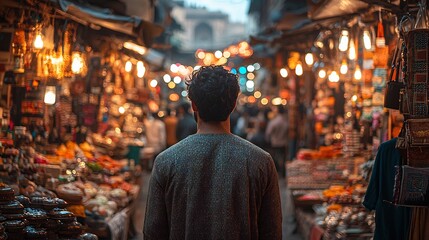 Obraz premium Man wearing a kurta standing in the middle of an Indo Pak bazaar at night with his attention spotlighted on a single vendor while the rest of the market fades into darkness