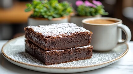 Mouthwatering plate of fudgy brownies paired with a steaming cup of coffee for perfect treat