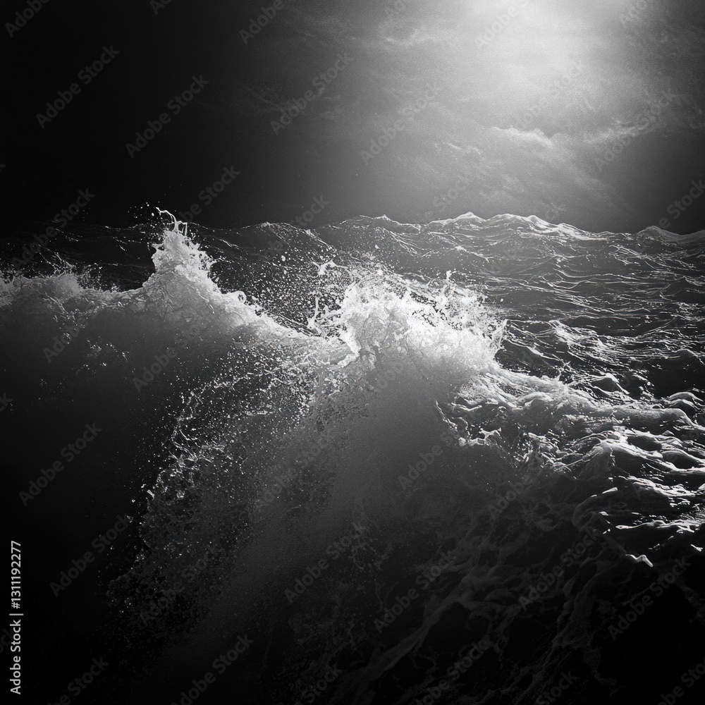 Poster a monochrome image of an ocean wave with rough surf, suitable for use in editorial or advertising co
