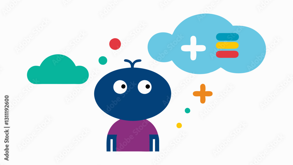 Poster thought bubble chaos a character with an exaggerated confused expression gazing upward as various ma
