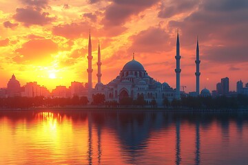 Fototapeta premium Vibrant Eid al-Fitr Celebration: Festive Decorations and Joyful Atmosphere rich Islam happy image 