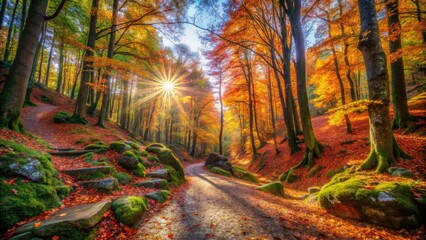Majestic Forest Path: Rule of Thirds Photography - Serene Woodscape, Autumnal Scenery, Nature Photography, Woodland Trail