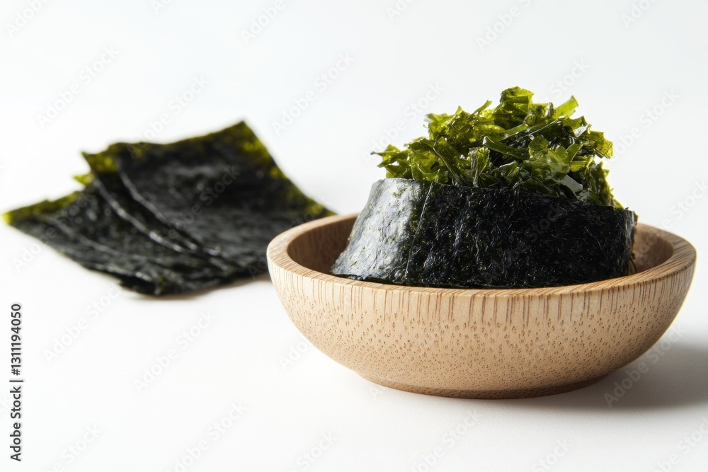 Poster modern setting features crispy roasted seaweed in a bamboo bowl, accompanied by slices of nori, crea