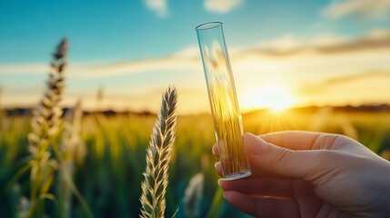 Scientist Holding Test Tube of Biofuel at Sunrise in a Wheat Field with Scenic Background
