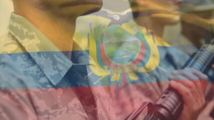 Military personnel holding rifles with Ecuadorian flag overlay in camouflage uniforms - Powered by Adobe
