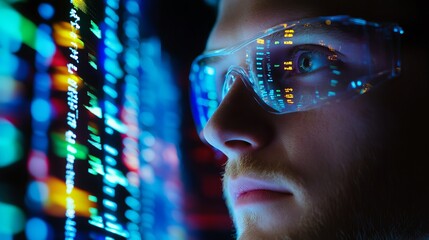 Technician Analyzing DNA Samples in a High-Tech Laboratory Setting with Colorful Data Visualization