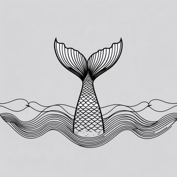 Black ink drawing of mermaid tail on gray background. Fish scales and water waves are visible in simple line art style.