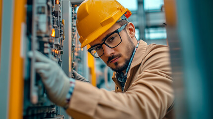 Worker in Hard Hat Checking Electrical Equipment with Focused Expression and Safety Gear