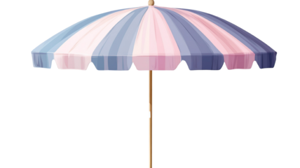 "A striped beach umbrella in pastel hues of pink, lavender, and blue, isolated on a transparent background."