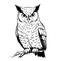 Fototapeta premium Owl rests on branch. Black ink drawing shows bird on white background. Feathers visible.