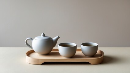 Fototapeta premium Tea set with cups on wood tray. Light gray teapot and two cups with tea sit on wood surface against beige background.