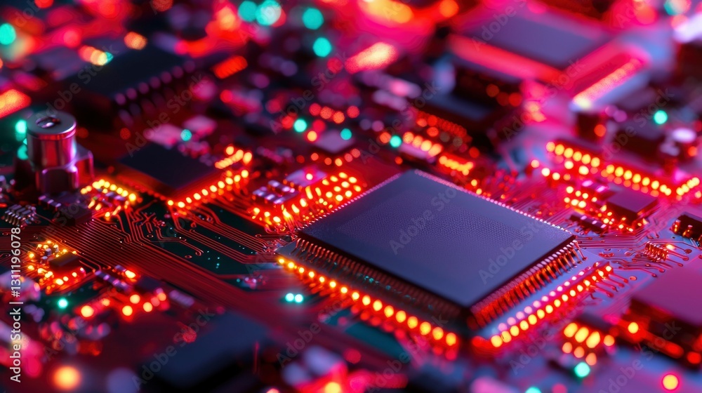Poster glowing circuit board with cpu in red light