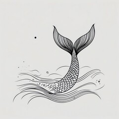 Black ink sketch of mermaid tail above waves on white backdrop. Line drawing shows scales and water for simple design.