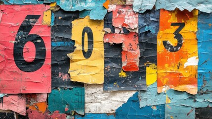 Fototapeta premium Collage of many numbers and letters ripped torn advertisement street posters grunge creased crumpled paper texture background placard backdrop surface. art.