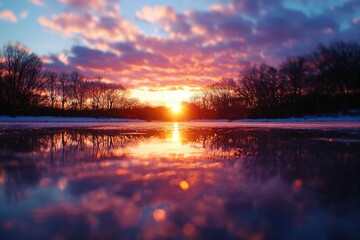 Fototapeta premium Frozen lake reflects vibrant sunset over winter trees