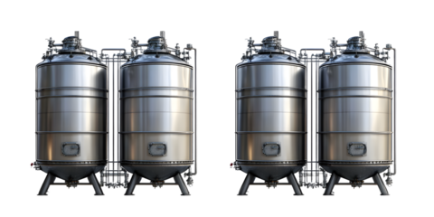 Industrial storage tanks for liquids and gases, featuring metallic surfaces and structured