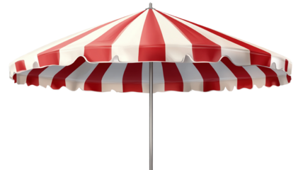 A vibrant striped beach umbrella with alternating red and white colors, isolated on a transparent background."