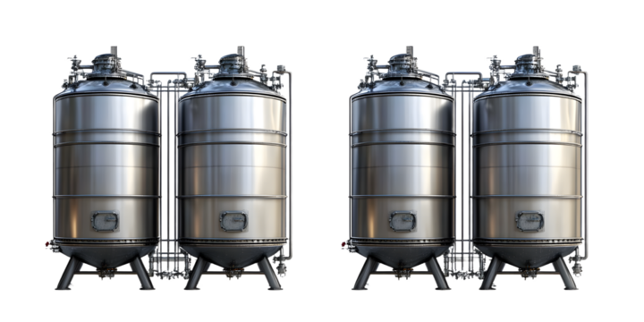 Industrial storage tanks for liquids and gases, featuring metallic surfaces and structured