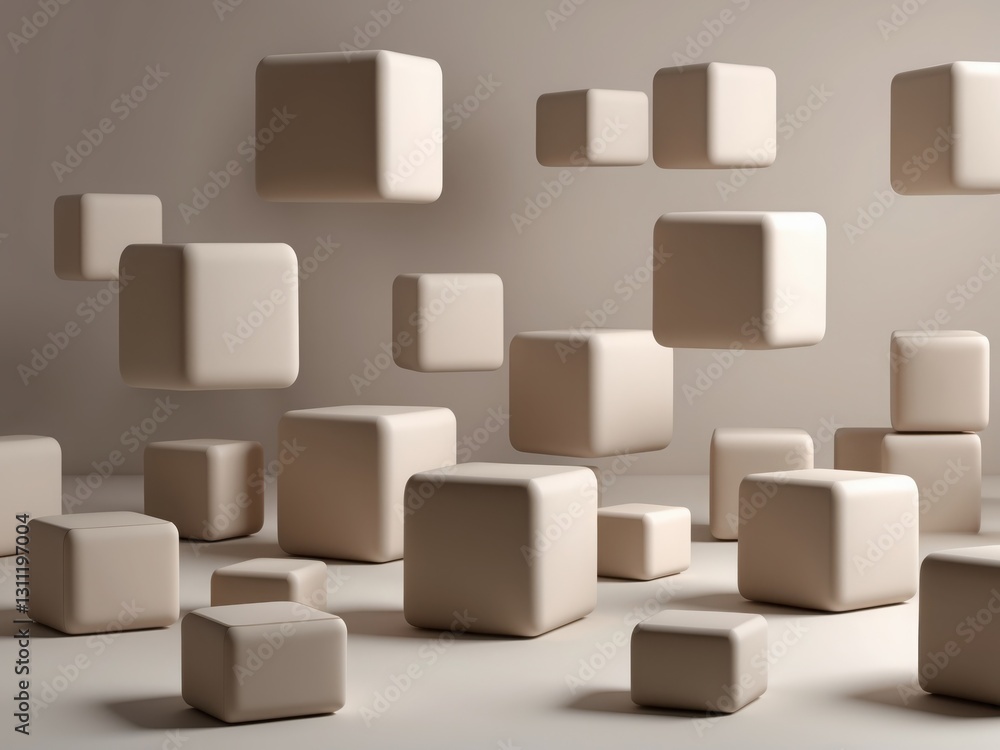 Fototapete beige cubes floating. many light color rounded cubes in air. simple soft geometric shapes. modern 3d