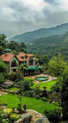 Naklejka premium A large house nestled within a lush green hillside landscape