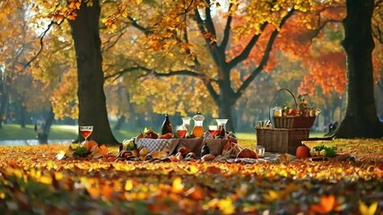 Autumn park picnic; fall leaves, food, drinks