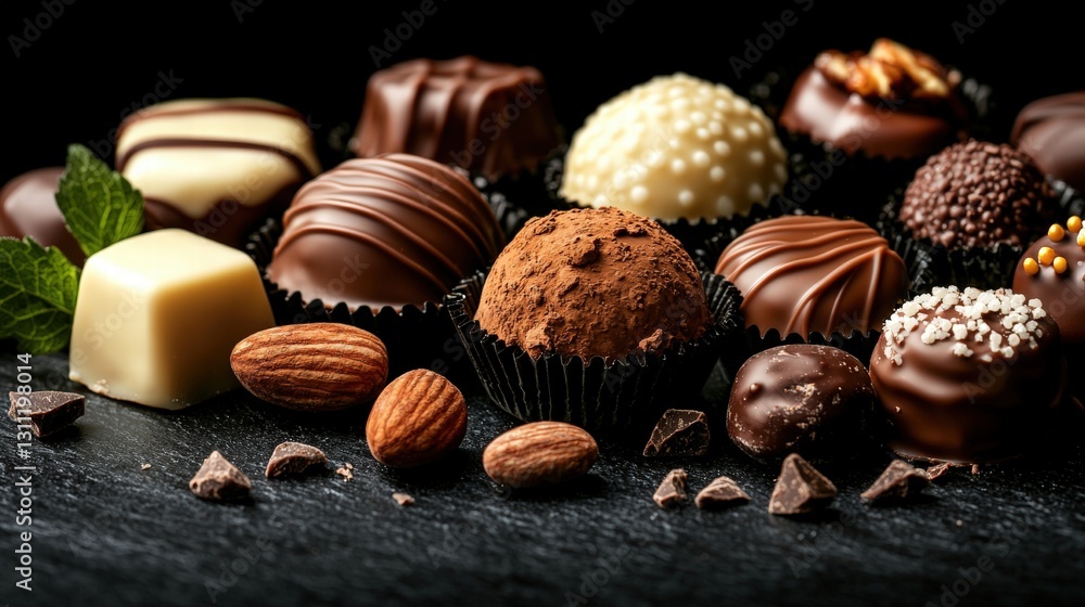 Poster assorted chocolates and nuts elegantly presented on a table for a delightful culinary experience
