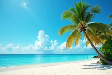Two lush palms cast shadows on pristine white sand beach, sun, calm, getaway