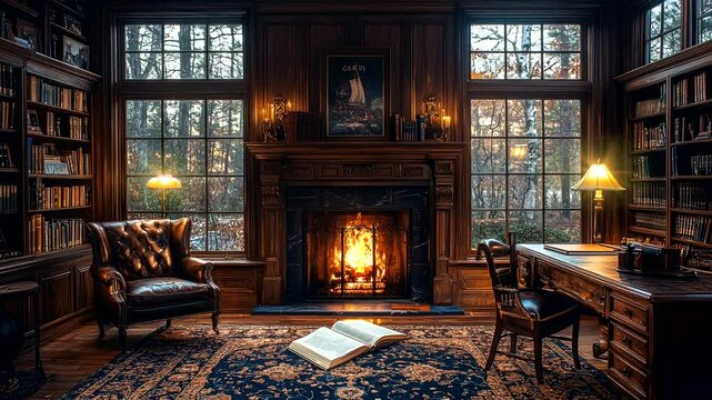 Vintage home library with a roaring fireplace, wooden bookshelves, and a comfortable reading chair. Seamless looping 4K time-lapse animation video background
