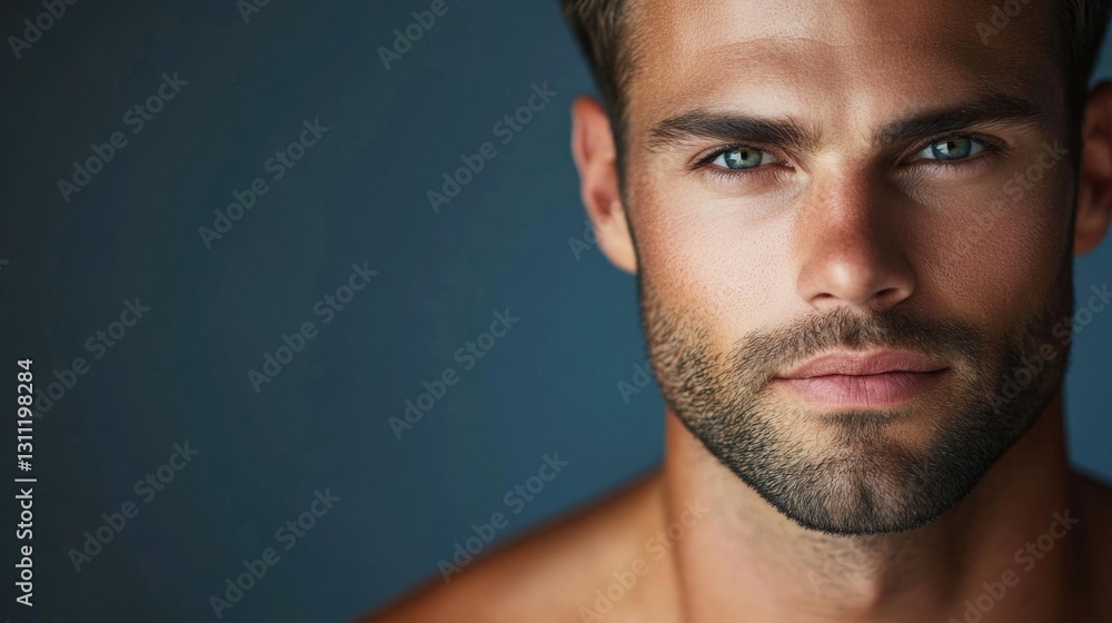 Poster a close-up shot of a man's bearded face, suitable for use in editorial or advertising contexts where